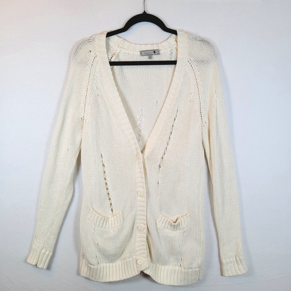 Talula Womens Knit Pockets Distressed Cardigan Sweater Size Small White Grandpa